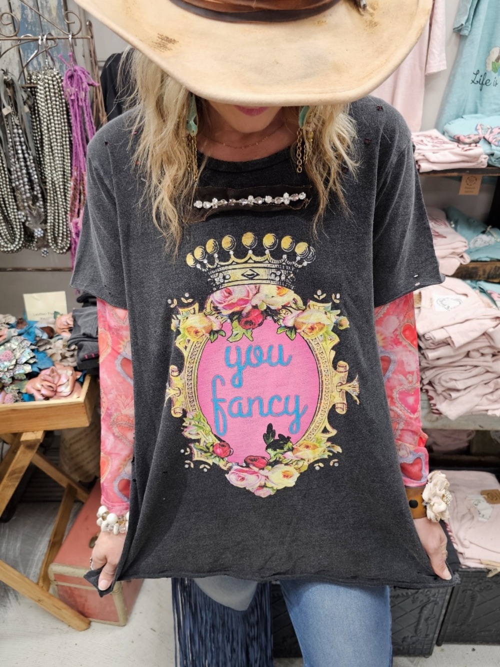 A Rare Bird You Fancy Crown Rhinestone Distressed Short Sleeve Top